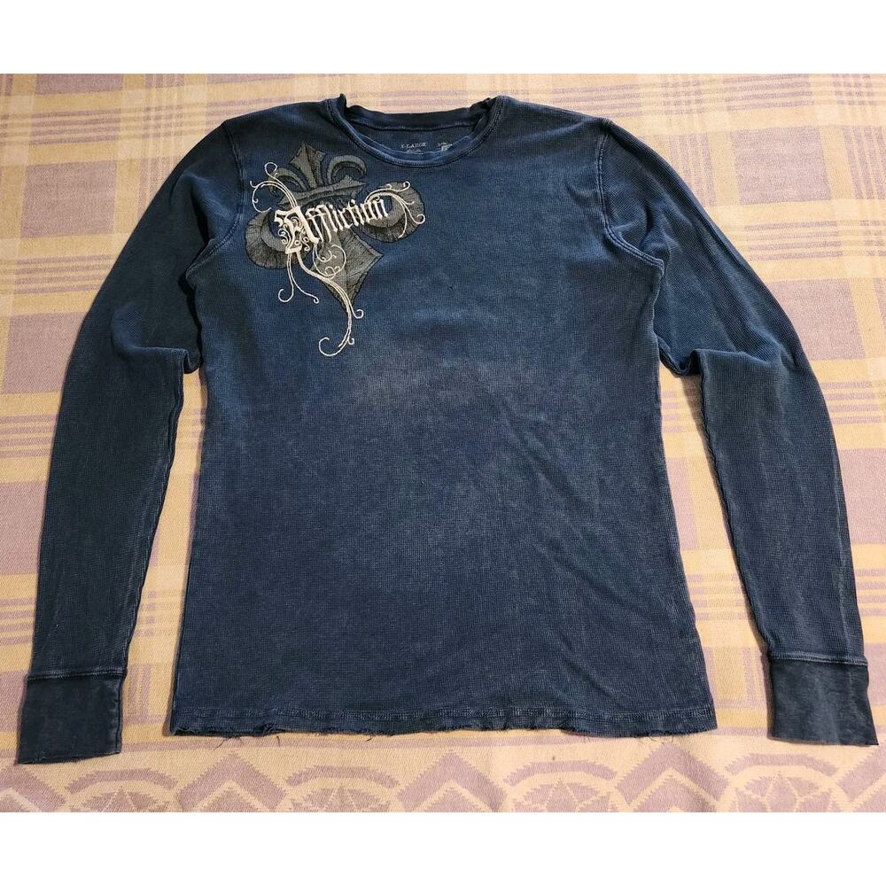 Rare Affliction Mens Thermal Cross Skull Wings Long Sleeve Shirt XL Y2k Usa - Picture 2 of 9